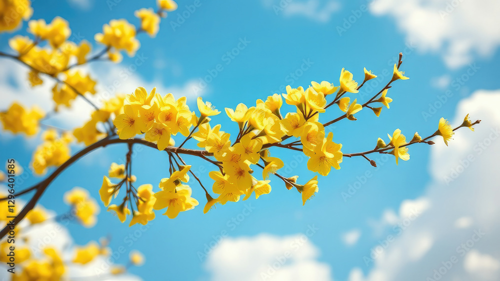 Vibrant yellow blossoms on tree branch contrasting with clear blue sky, growth and decay, budding, yellow hues, springtime scene Vibrant yellow blossoms on tree branch contrasting with clear blue sky, growth and decay, budding, yellow hues, springtime scene