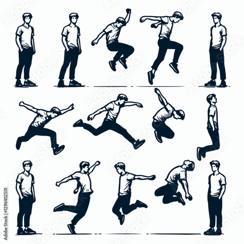 Energetic Man Jumping Poses Illustration for Action Designs