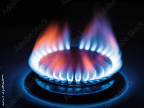 Natural Gas. High prices of natural gas. Blue flames of gas burning from a kitchen gas stove. Energy crisis concept background. Cooker with burning fire propane.
