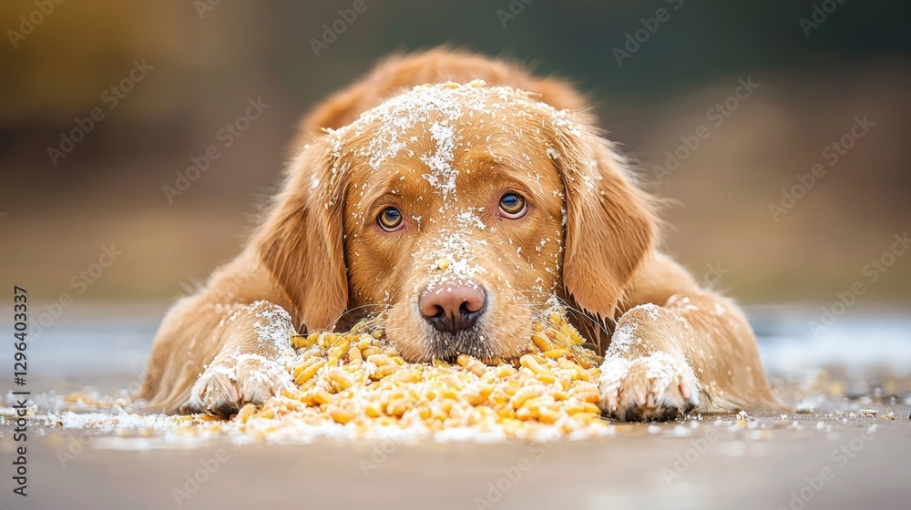 Obraz premium A golden retriever dog with a white nose and mouth, covered in corn kernels, lays on the ground.