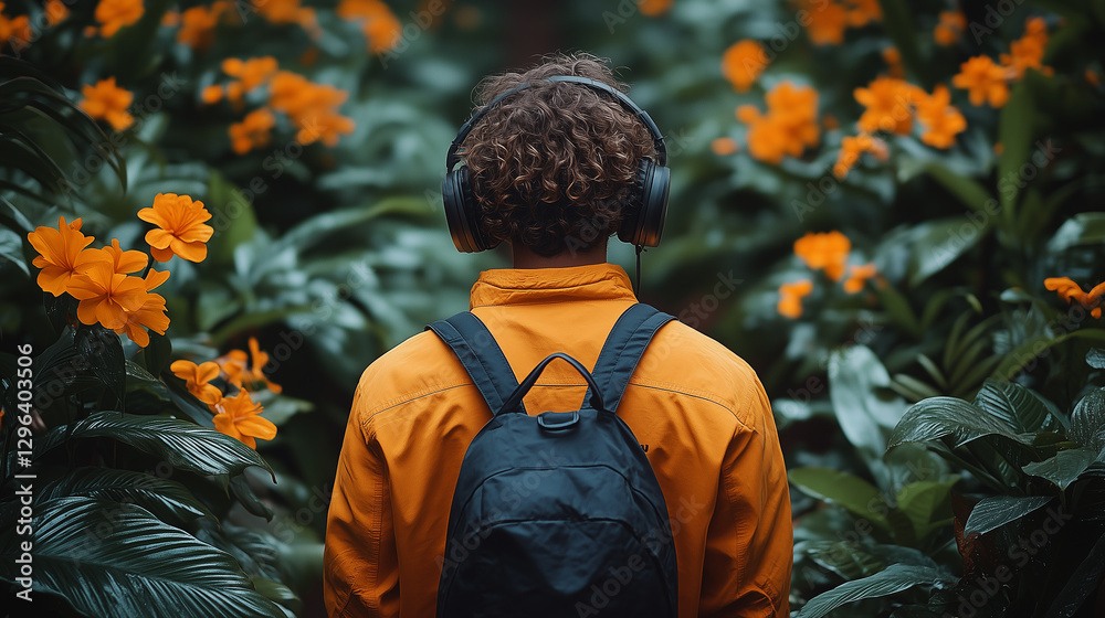 Fototapeta premium Young Man in Yellow Jacket with Headphones Walking Through Lush Jungle with Orange Flowers 