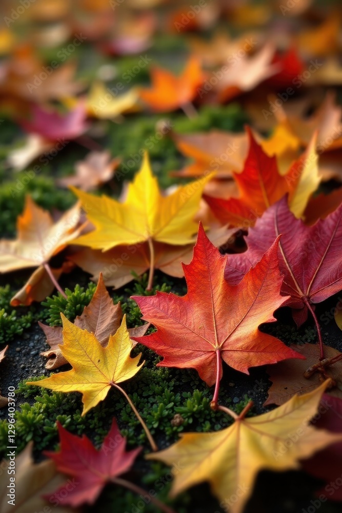 Pile of colorful autumn leaves on mossy ground, decay, leaves, backdrop Pile of colorful autumn leaves on mossy ground, decay, leaves, backdrop