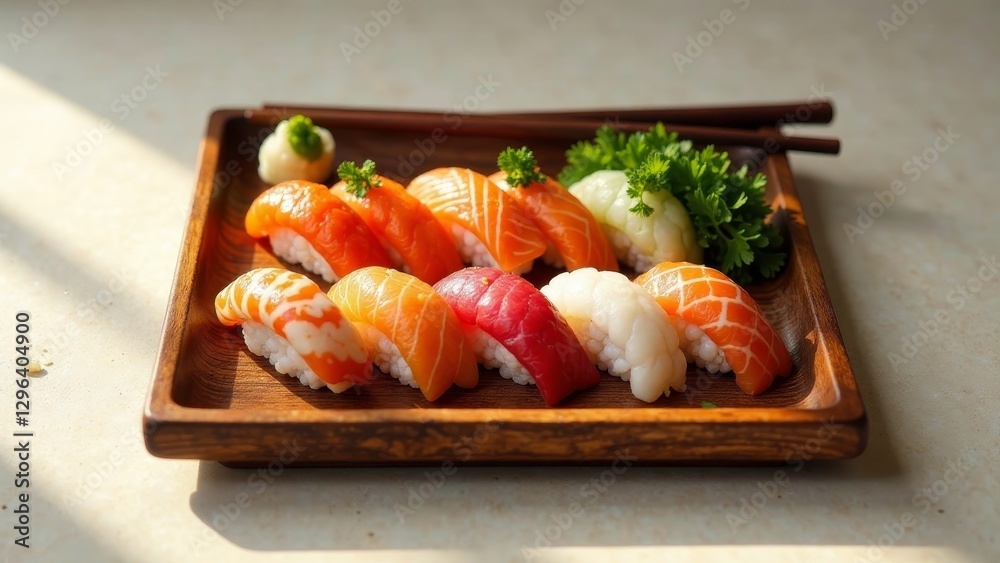 A delectable arrangement of assorted sushi pieces artfully presented on a rustic wooden tray, garnished with fresh herbs and wasabi, bathed in soft sunlight A delectable arrangement of assorted sushi pieces artfully presented on a rustic wooden tray, garnished with fresh herbs and wasabi, bathed in soft sunlight
