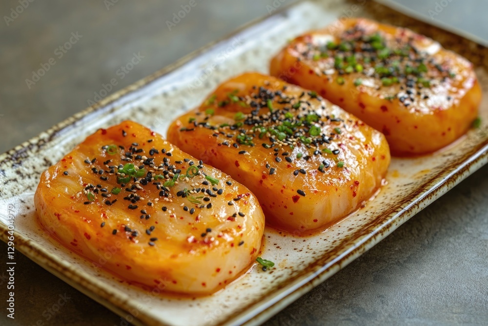 A dish of clam shells served with a red dipping sauce and garnished with herbs, spices, and sesame seeds. This is an example of traditional oriental culinary art. A dish of clam shells served with a red dipping sauce and garnished with herbs, spices, and sesame seeds. This is an example of traditional oriental culinary art.