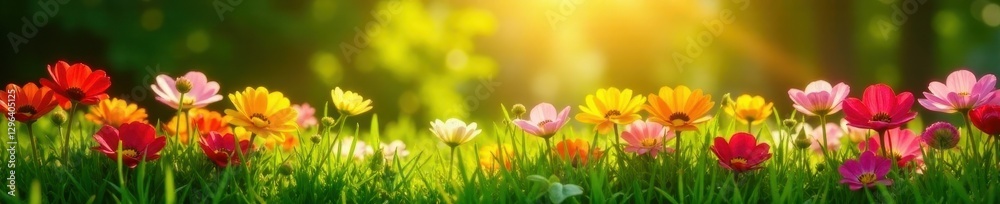 Fototapeta premium Sun-drenched flowerbeds, green grass, summer abundance, day, photography