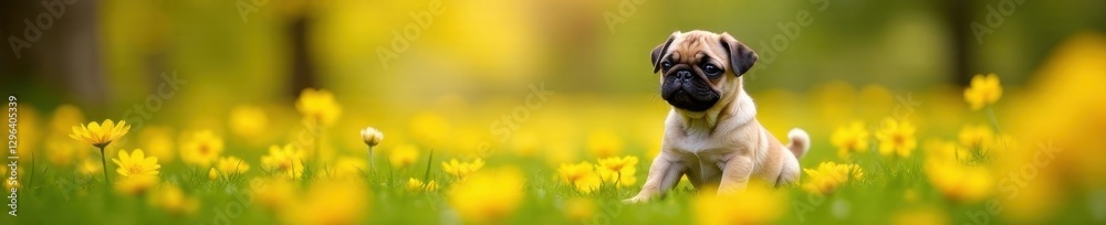 Tiny pug amidst vibrant yellow blooms, serene scene , floral, lying Tiny pug amidst vibrant yellow blooms, serene scene , floral, lying