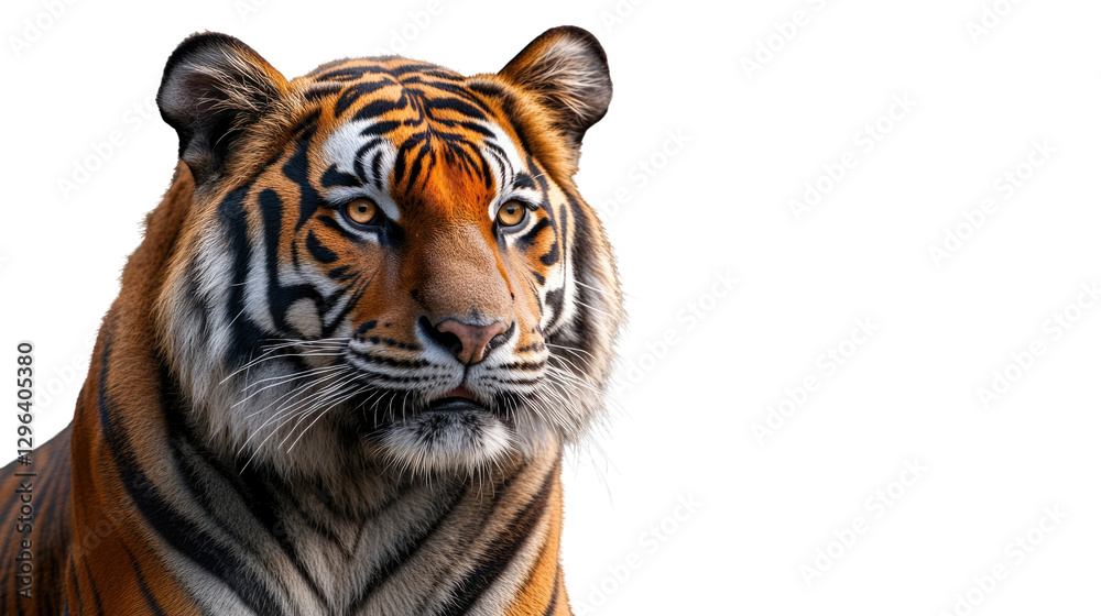 Obraz premium Majestic Bengal Tiger Portrait: A powerful Bengal tiger with striking orange and black stripes stares intensely at the viewer, showcasing its majestic presence and captivating gaze.