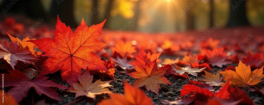 Vibrant red and gold maple leaves scattered on forest floor, texture, design, element Vibrant red and gold maple leaves scattered on forest floor, texture, design, element