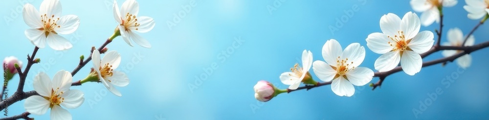 Fototapeta premium Delicate white blossoms seamlessly repeat on a serene blue backdrop , soft, tranquil