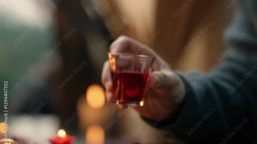 Hand holding up a glass of red drink surrounded by candles and rose petals Hand holding up a glass of red drink surrounded by candles and rose petals