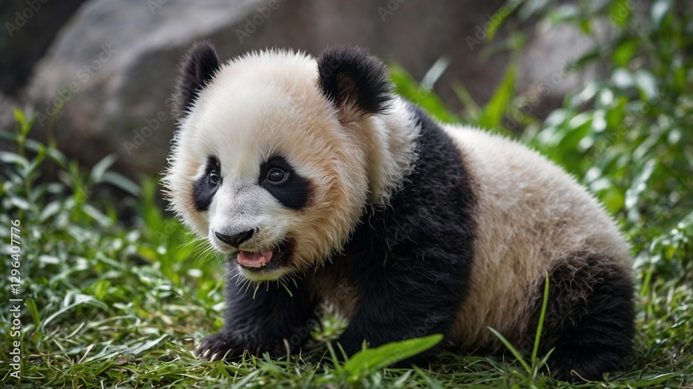 Fototapeta premium Cute panda cub playing on green grass in a natural habitat showcasing wildlife innocence