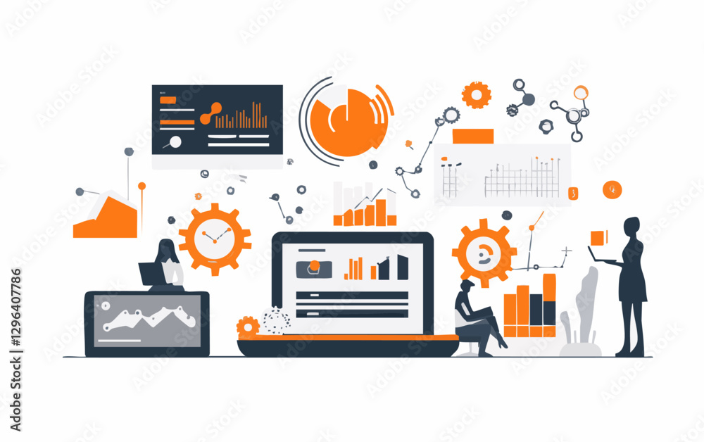Vector Illustration depicting a male figure analyzing business data with graphs and charts, representing corporate analytics and technology. Vector Illustration depicting a male figure analyzing business data with graphs and charts, representing corporate analytics and technology.