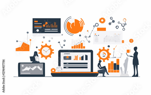 Vector Illustration depicting a male figure analyzing business data with graphs and charts, representing corporate analytics and technology.