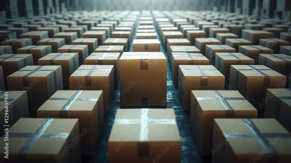 Numerous identical cardboard boxes in a warehouse. Numerous identical cardboard boxes in a warehouse.