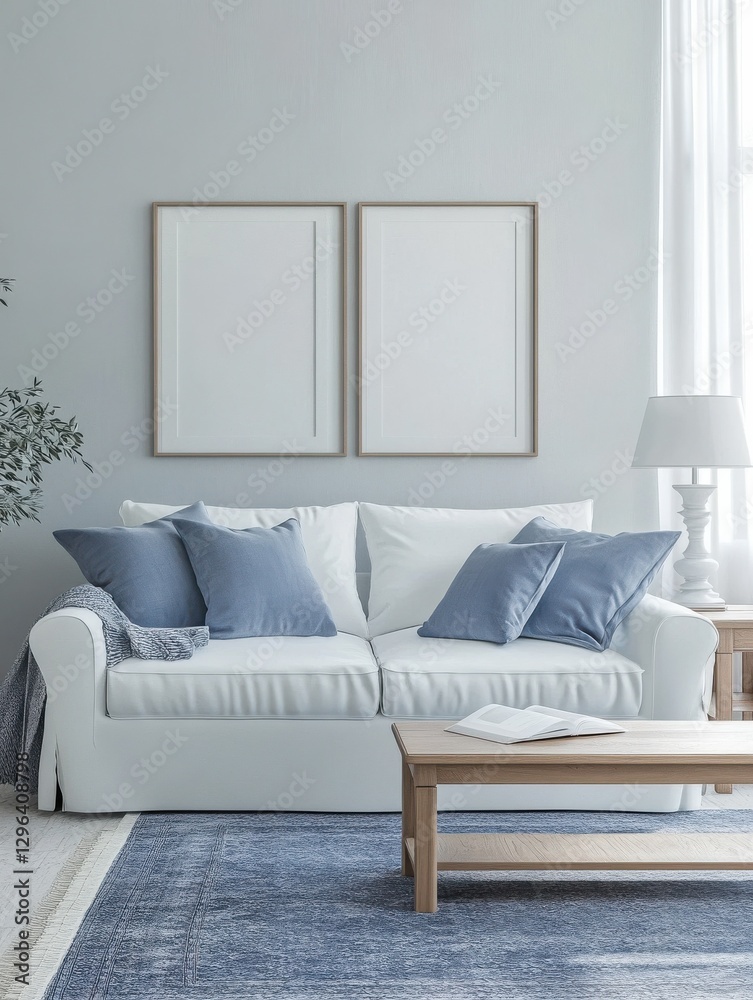 Fototapeta premium White and blue living room with sofa, armchair, lamp, posters