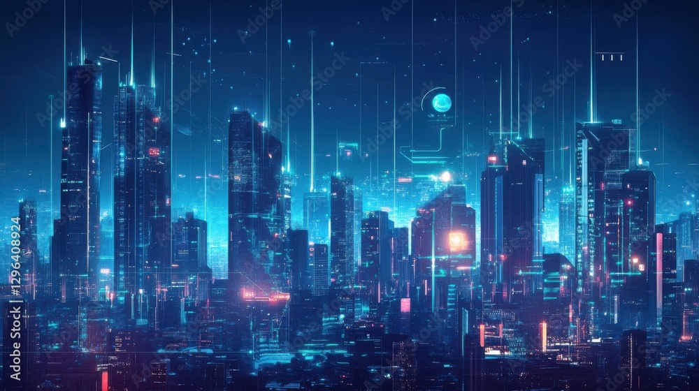 Futuristic smart city skyline with AI-controlled buildings and automated Futuristic smart city skyline with AI-controlled buildings and automated
