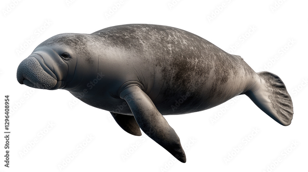 Fototapeta premium Gentle Giant Underwater: A serene manatee glides effortlessly, showcasing its smooth, gray skin and gentle nature. It presents a feeling of calmness in its underwater world. 