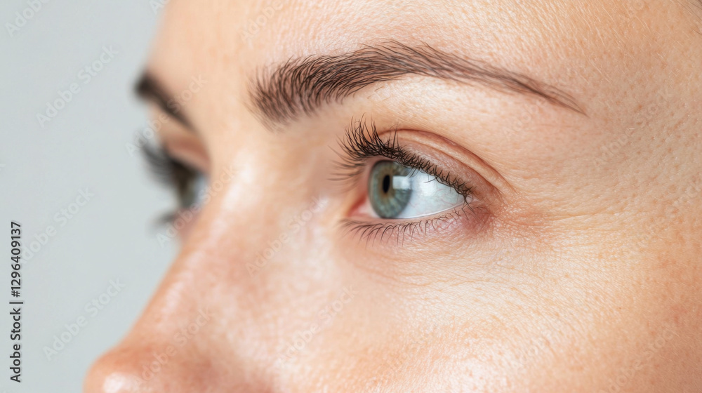 Fototapeta premium Close up of woman eye showing fine lines and natural skin texture, highlighting crow feet and youthful features