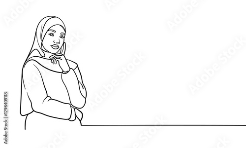 Young muslim woman in burqa, continuous line art drawing. Vector illustration isolated on white background 