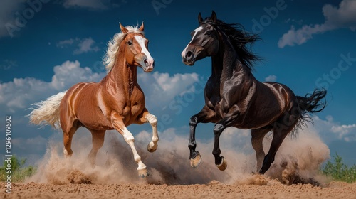 Two Majestic Horses Raising Front Legs Amidst Dust And Sky