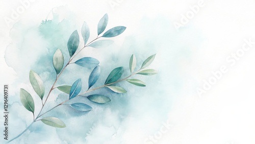 Serene Watercolor Branch with Delicate Teal and Green Leaves on a Soft Blue Background