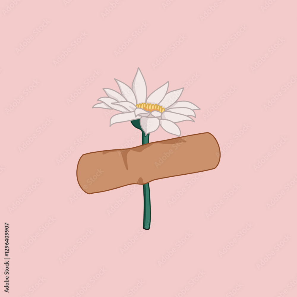 Small White Flower with a Brown Bandage on Pink Background