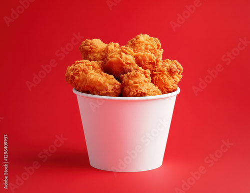 fried chicken in a pure white bucket with French fried in clean red background