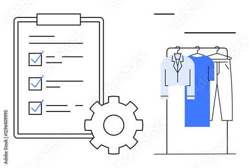 Gearwheel by checklist and clothing rack with shirt and pants, representing apparel industry quality check. Ideal for e-commerce, manufacturing, inventory, logistics, retail, planning, and quality