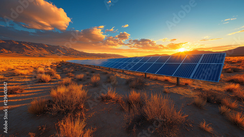 a breathtaking view of solar panels in the desert at sunset, symbolizing clean energy and sustainability. This scenic landscape highlights the future of renewable power and eco-friendly technology.