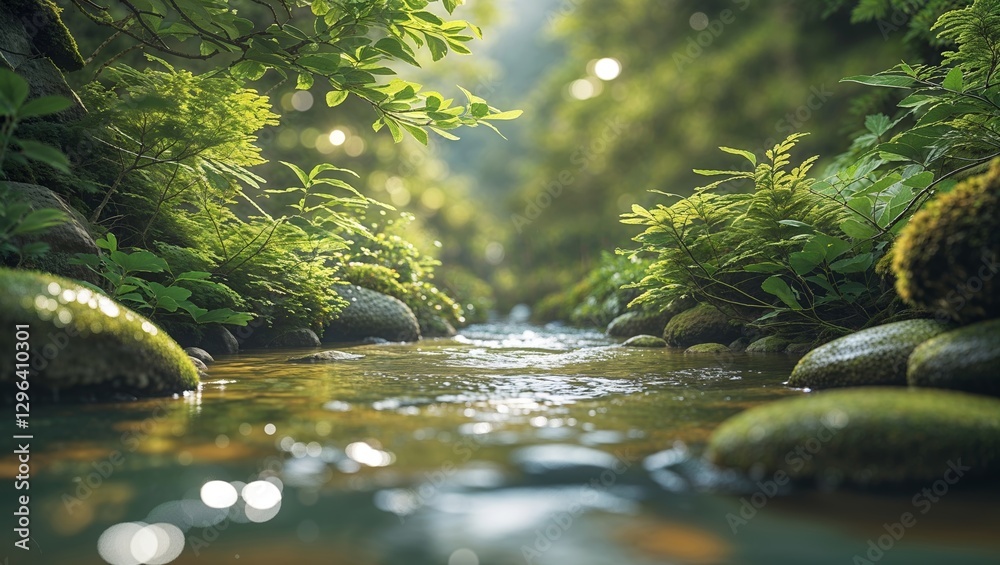 Fototapeta premium Serene river flowing gently through a lush green forest during a sunny afternoon