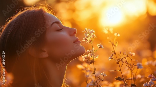 A woman, her face lit by the golden rays of a setting sun, inhaled the crisp, clean air of an open park, her lungs filled with the invigorating scent of blooming flowers and the gentle rustle of