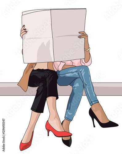 Two Women Sitting on a Bench Reading a Newspaper