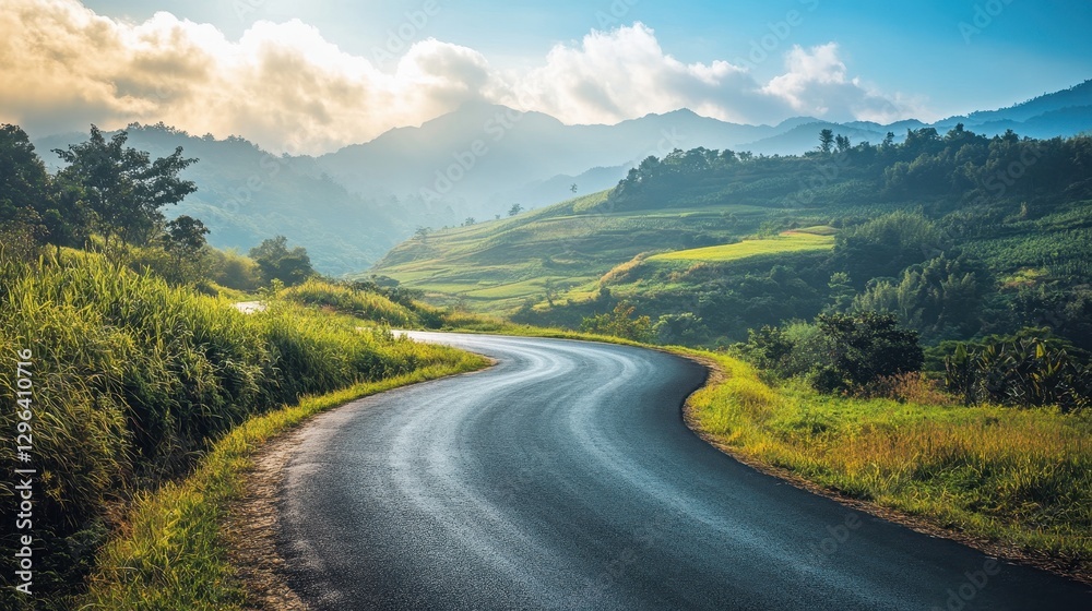 Naklejka premium A winding road of well-being, paved with the promise of a healthier, happier self, beckoning travelers to journey towards their ultimate destination of physical and emotional vitality.