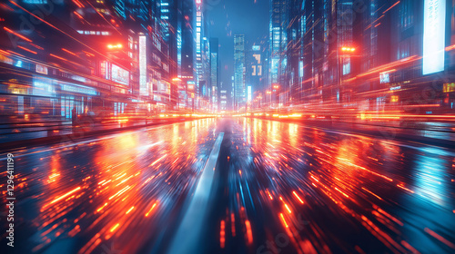 Fototapeta Naklejka Na Ścianę i Meble -  a breathtaking futuristic city street at night, illuminated by neon lights and dynamic speed light trails. This vibrant scene captures urban energy, motion, and high-tech aesthetics.