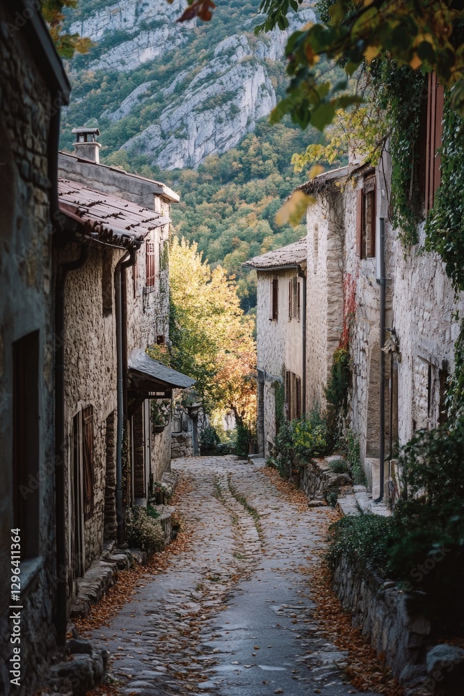 Stone houses on narrow street, golden autumn leaves along roadside. Stone houses on narrow street, golden autumn leaves along roadside.