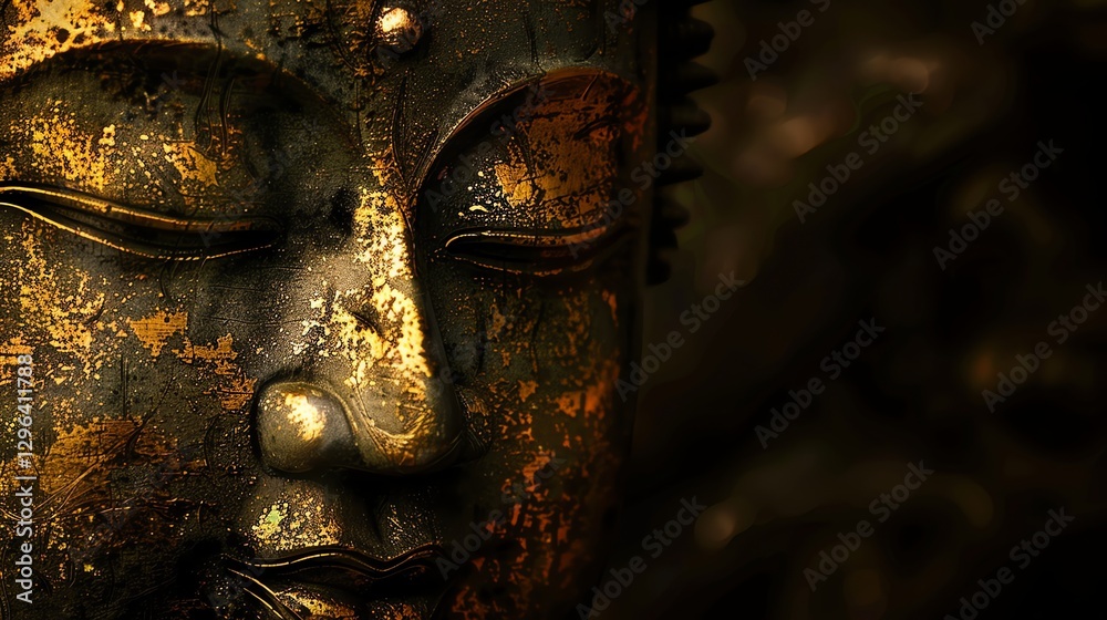 Obraz premium Close-up of a serene Buddha statue with a dark background.