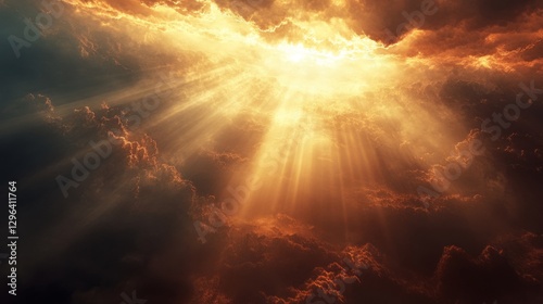 Fototapeta Naklejka Na Ścianę i Meble -  Dramatic depiction of sunbeams shining through dense cloudy atmosphere