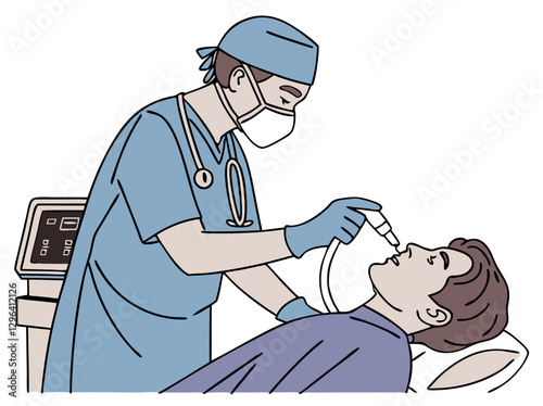 An anesthesiologist administering anesthesia to a patient before surgery, isolated on white background.
