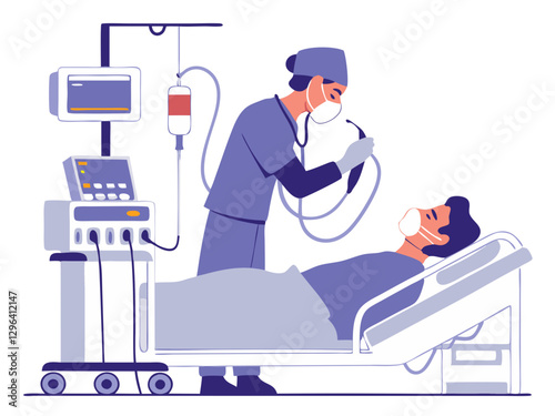 An anesthesiologist administering anesthesia to a patient before surgery, isolated on white background.
