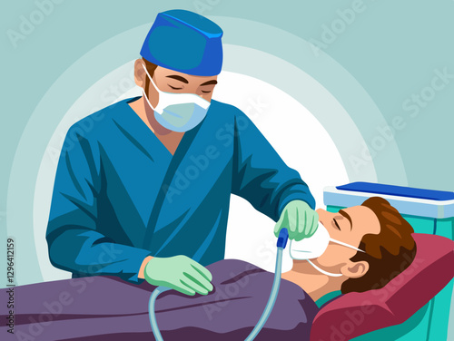 An anesthesiologist administering anesthesia to a patient before surgery, isolated on white background.
