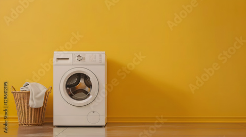 
Washing machine with wicker laundry basket on mustard wall background with copy space. Minimalistic laundry room interior