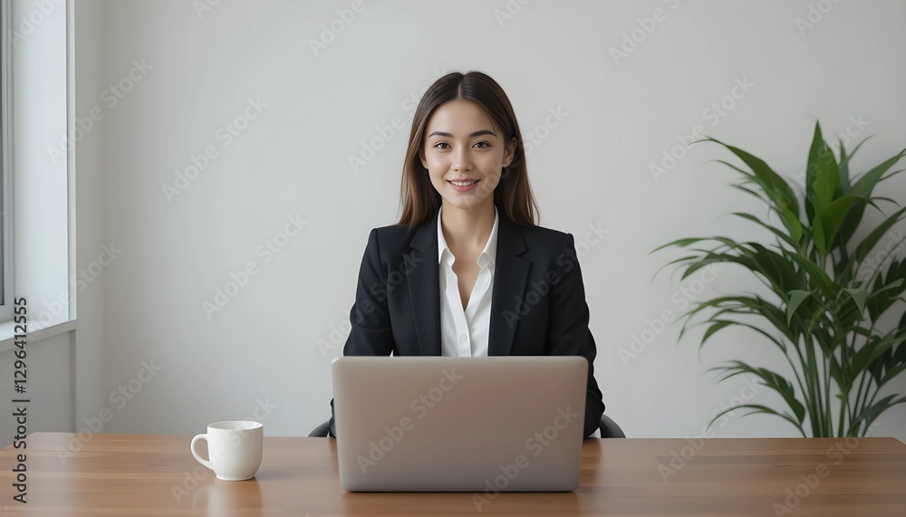 A professional woman sitting at a wooden desk with a laptop and coffee cup A professional woman sitting at a wooden desk with a laptop and coffee cup