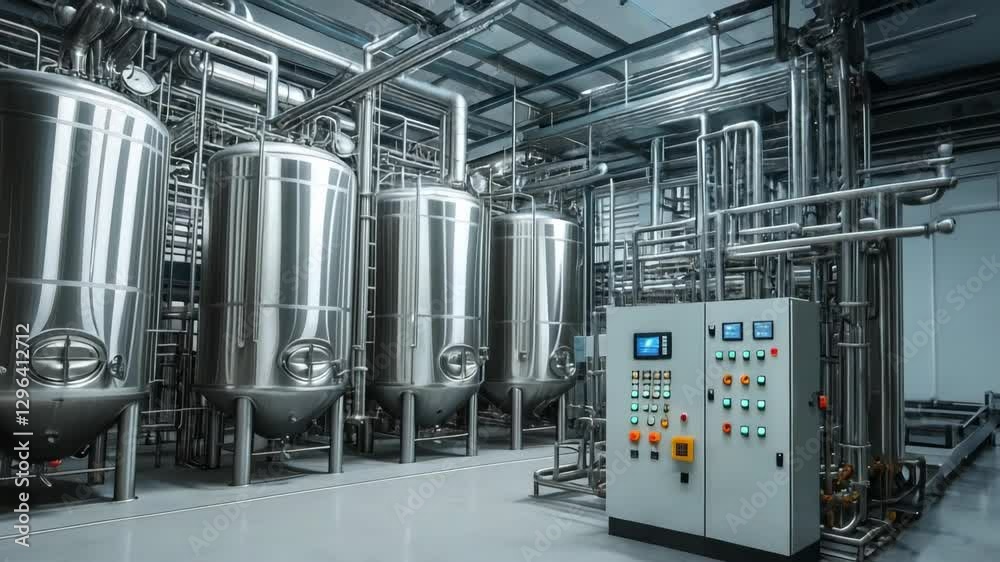 industrial processing area with stainless steel tanks and intricate pipework network