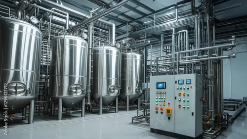 industrial processing area with stainless steel tanks and intricate pipework network