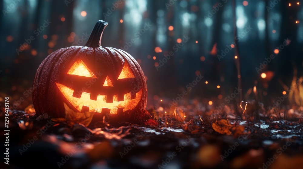 Spooky Forest Jack O'Lantern with Candlelight - A glowing jack-o'-lantern sits in a dark forest, symbolizing autumn, Halloween, mystery, spooky fun, and the supernatural Spooky Forest Jack O'Lantern with Candlelight - A glowing jack-o'-lantern sits in a dark forest, symbolizing autumn, Halloween, mystery, spooky fun, and the supernatural