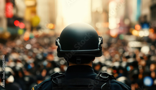 Wallpaper Mural A police officer stands before a large crowd, symbolizing authority amidst a cityscape filled with vibrant lights and energy. Torontodigital.ca