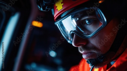 A focused individual in safety gear, illuminated by ambient light, showcasing determination and readiness for action.