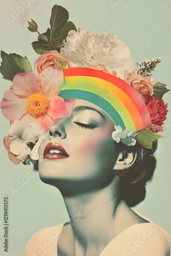 A colorful collage, a surreal portrait of a woman with flower and a rainbow on her head, vintage cut-out photography