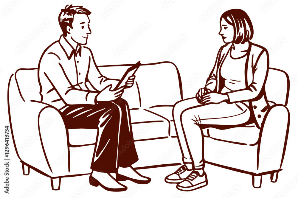 A psychiatrist taking notes while talking to a patient sitting on a couch, isolated on white background.
A psychiatrist taking notes while talking to a patient sitting on a couch, isolated on white background.