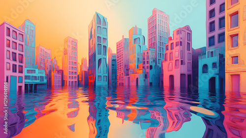 Fading light in a dreamlike cityscape with melting buildings , surreal, melting. Surreal Melting Architecture. Illustration